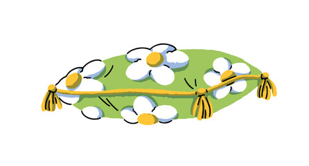 Decorative pillow patterned with daisy flowers. Green cushion with chamomile and tassels for bed and sofa. Cute bedroom interior design element. Flat isolated vector illustration on white background