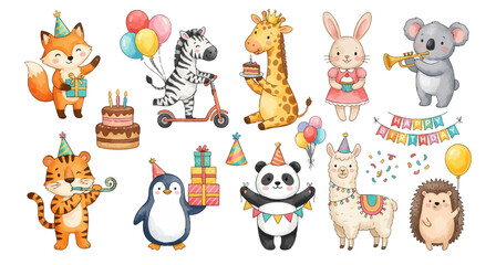Adorable party animals watercolor clipart bundle with balloons, cake, gifts, panda, llama, fox. Collection of Vector illustrations. Perfect for invitation, card, poster, banner, decoration © maria