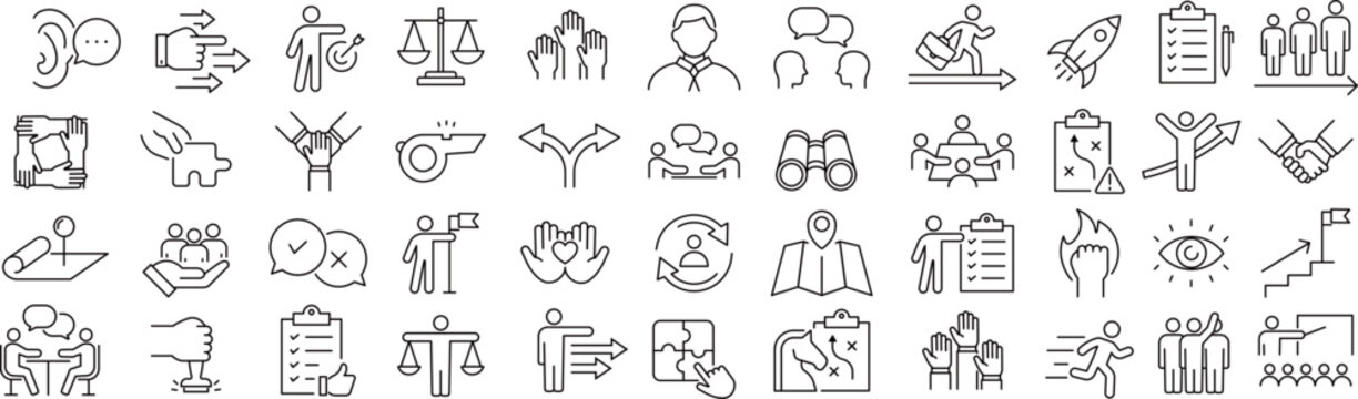 ベクターでモノクロのリーダーシップに関する線画アイコンセット
