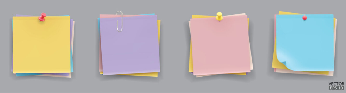 Set of Realistic blank sticky notes isolated on grey background. Multicolor sheets of note papers. 3D Vector illustration.