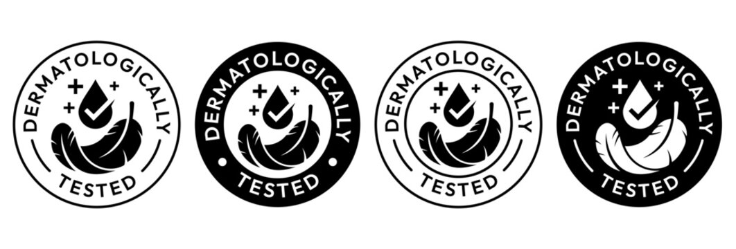 Set dermatologically tested with water drop, tick, mark, hand, icon, label, logo, badge, line, vector, isolated. Dermatology test, dermatologist, clinically proven, sensitive skin, skincare symbols.
