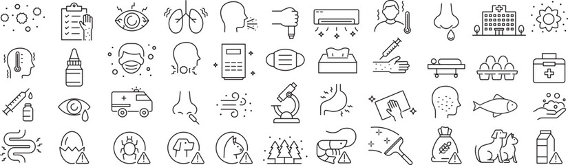 ベクターでモノクロのアレルギーに関する線画アイコンセット  © syoko