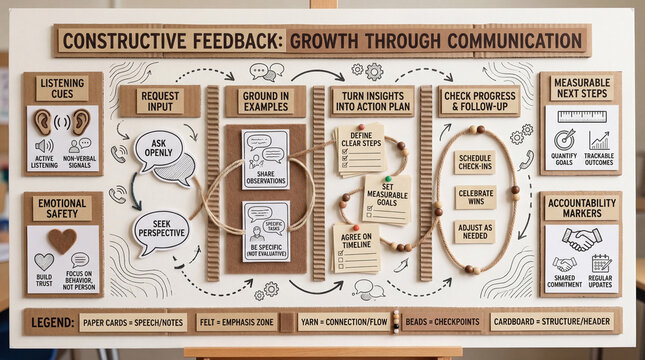 Feedback Process Educational Infographic Poster for Asking Examples Action Planning and Follow Up.