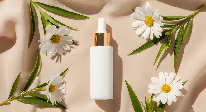 White cosmetic bottle with gold lid and daisies on beige fabric background