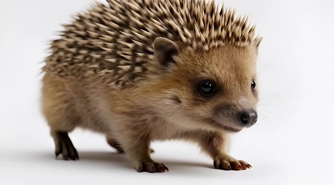 Adorable European Hedgehog closeup with brown spines and soft fur, on white background