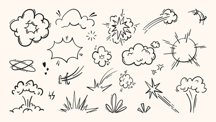 Dynamic comic book action emphasis with explosive cartoon effects, vector set isolated on white. Super hero power line icons, motion burst elements, doodle manga illustrations, anime pattern © klyaksun