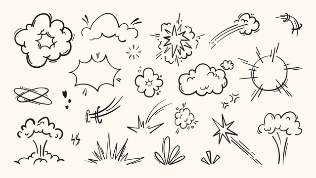 Dynamic comic book action emphasis with explosive cartoon effects, vector set isolated on white. Super hero power line icons, motion burst elements, doodle manga illustrations, anime pattern