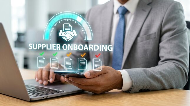 Supplier onboarding, supply chain, business process, procurement, vendor management, digital transformation, handshake. Businessman using laptop for automated corporate vendor vetting.
