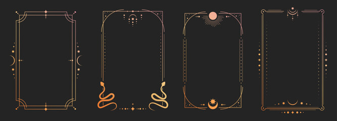 Mystical tarot card back with celestial sun, moon and stars in ornate golden frame, vector illustrations. Esoteric borders with magic symbols, spiritual snake patterns for horoscope design. © klyaksun