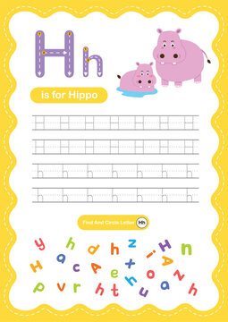 Alphabet Letter H Tracing Worksheet for Kids, Preschool and Kindergarten Handwriting Practice, H is for Hippo ABC Learning Printable