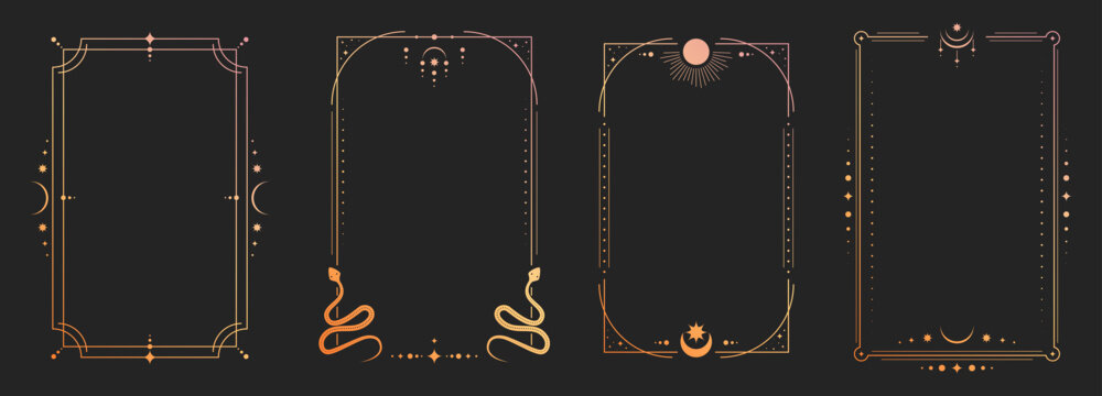 Mystical tarot card back with celestial sun, moon and stars in ornate golden frame, vector illustrations. Esoteric borders with magic symbols, spiritual snake patterns for horoscope design.