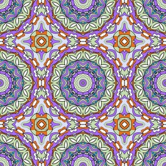 Fototapeta premium Soft circular mandala shapes in lilac, teal and peach form a harmonious seamless pattern, perfect for boho textiles, wallpapers, packaging and modern digital backgrounds.