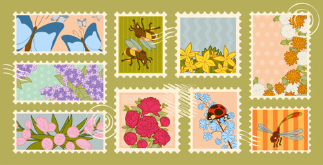Set of postage stamps with floral spring motifs. Vector cartoon illustration of cute botanical cards, vintage postal frames with tulips, lilac, peony, butterfly, ladybug and bees, mail stickers © klyaksun