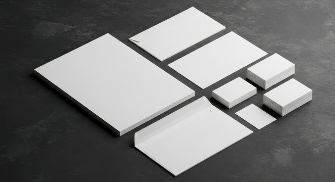 Mockup de papelaria corporativa em branco. Template de identidade visual com cart&otilde;es de visita e envelopes sobre fundo escuro texturizado