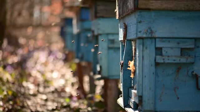 Row of blue beehives in forest apiary with bees flying around. Beekeeping and honey production in rural spring landscape