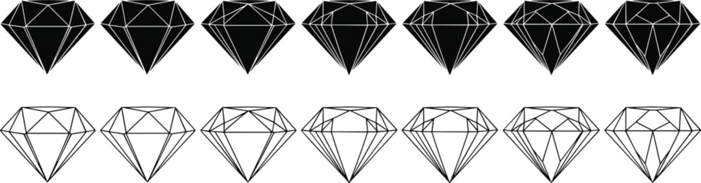 Diamond Gemstone Icons Set Black and Line Art Vector Illustration