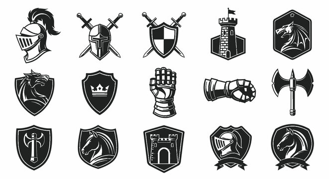 Monochromatic Medieval Knight and Fantasy Icons Vector Set for Gaming and History Themes