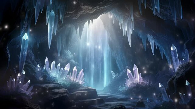 光柱が降り注ぐ神秘の水晶洞窟と輝く結晶粒子が漂う幻想空間