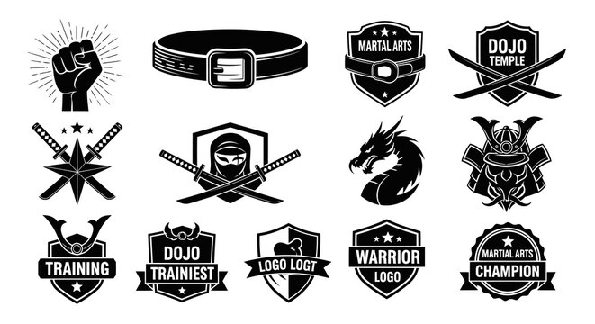 Black and White Martial Arts Emblems and Icons Set Vector
