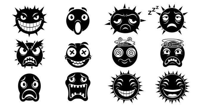 Black and White Spiky and Round Monster Faces Icons