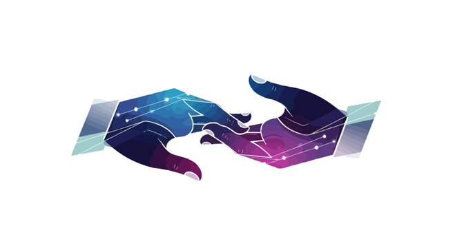 Abstract illustration of two hands reaching out with digital connection