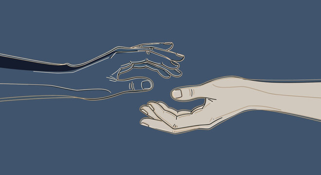 Abstract illustration of two hands reaching out in a gesture of connection