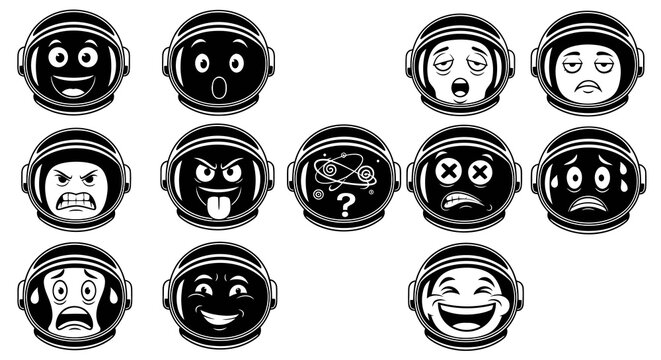 Black and white astronaut helmet emojis with different expressions, vector art