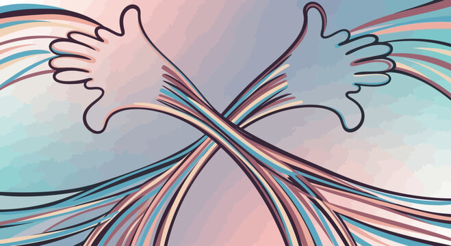 Abstract illustration of two thumbs up with flowing lines against gradient background