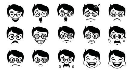 Black and White Vector Icons of Boy Face Expressions in Different Emotions