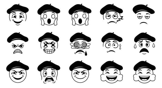 Black and White Line Art Emojis with Berets: Emotions and Expressions