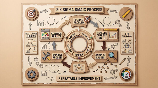 Six Sigma DMAIC Educational Infographic Poster for Define Measure Analyze Improve and Control.