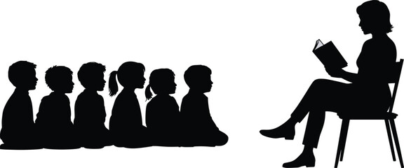 Teacher reading book to children silhouette, classroom storytelling lesson with students sitting, education learning scene vector illustration