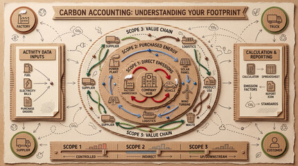 Obraz premium Carbon Accounting Educational Infographic Poster for Scope 1 Scope 2 and Scope 3 Emissions Mapping.