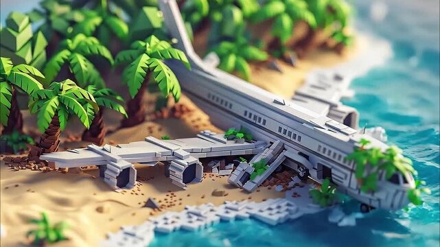 3d Isometric Low poly clay style huge crashed plane 4K Videos