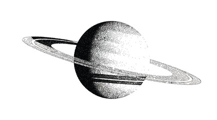 A black and white illustration of the planet saturn with its rings in a stippled style on a white background © S.Siam