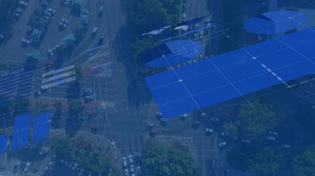 Blue overlay sweeping across aerial intersection, triggered by grid markers, tracking vehicle flow