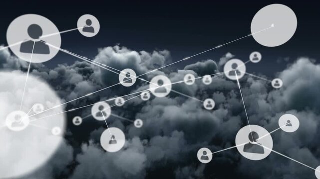 Vertical video: First node popping above clouds, spawning nodes and lines, growing dense tech net