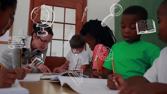 Teacher leaning over schoolbook, guiding students writing with doodle icons drifting over table