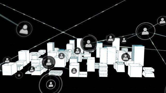 Building network of floating user badges connecting above white city grid with concentric rings