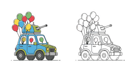 Cute cartoon hybrid car with tank turret and colorful party balloons. Includes full color and black and white outline version for children's coloring book page illustration. © SHOHAG
