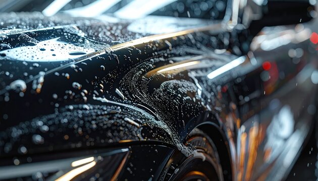 Car Wash Water Droplets on Black Vehicle.
