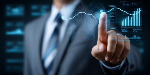 Monetary policy impact analysis financial district digital graphs corporate environment close-up view interest rate hikes trends