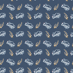 Seamless Easter pattern with Easter text in cursive and pussy willow branches on dark blue background, festive seasonal design for wrapping paper and holiday decor © Lipitorika