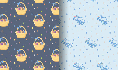Two seamless Easter patterns with baskets of eggs, decorated cakes, pussy willow branches, and hearts on green and blue backgrounds, festive seasonal design for wrapping paper and holiday decor © Lipitorika