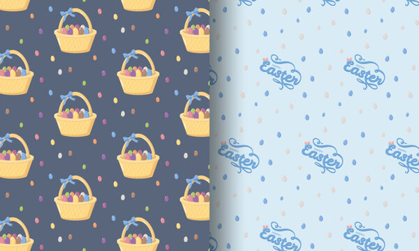 Two seamless Easter patterns with baskets of eggs, decorated cakes, pussy willow branches, and hearts on green and blue backgrounds, festive seasonal design for wrapping paper and holiday decor