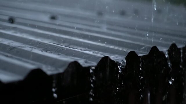 Close Up Of Raindrops Falling On Dark Gray Corrugated Metal Roof Creating Splashes And Reflections During Stormy Overcast Day
