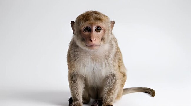 A cute and cuddly baby monkey with gentle eyes sitting on white background