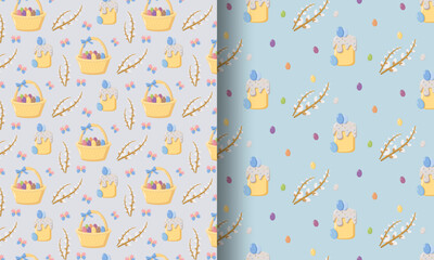 Two seamless Easter patterns with baskets of eggs, decorated cakes, pussy willow branches, butterflies, and colorful eggs on pastel lavender and blue backgrounds, festive design for holiday decor © Lipitorika