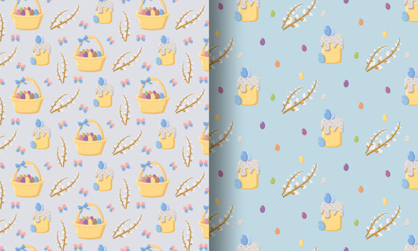 Two seamless Easter patterns with baskets of eggs, decorated cakes, pussy willow branches, butterflies, and colorful eggs on pastel lavender and blue backgrounds, festive design for holiday decor