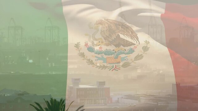 Wind stirring sheer Mexican flag fluttering over hazy port, emblem shifting over cranes for tourism